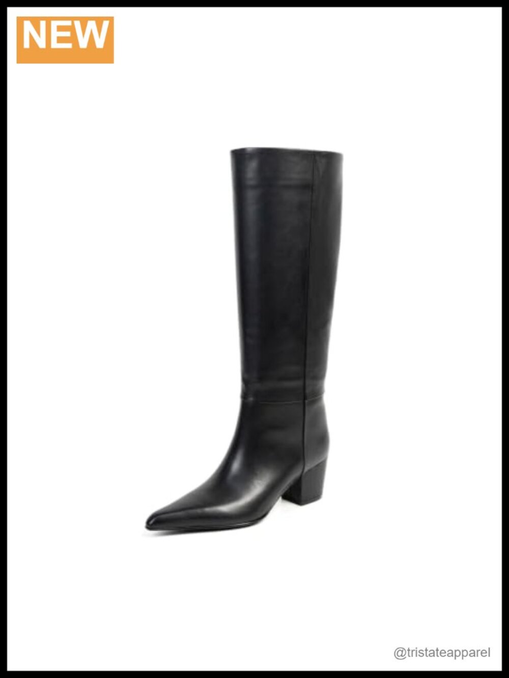 Genuine Leather Knee High Boots Pointed Toe Chunky Heel Wide Calf